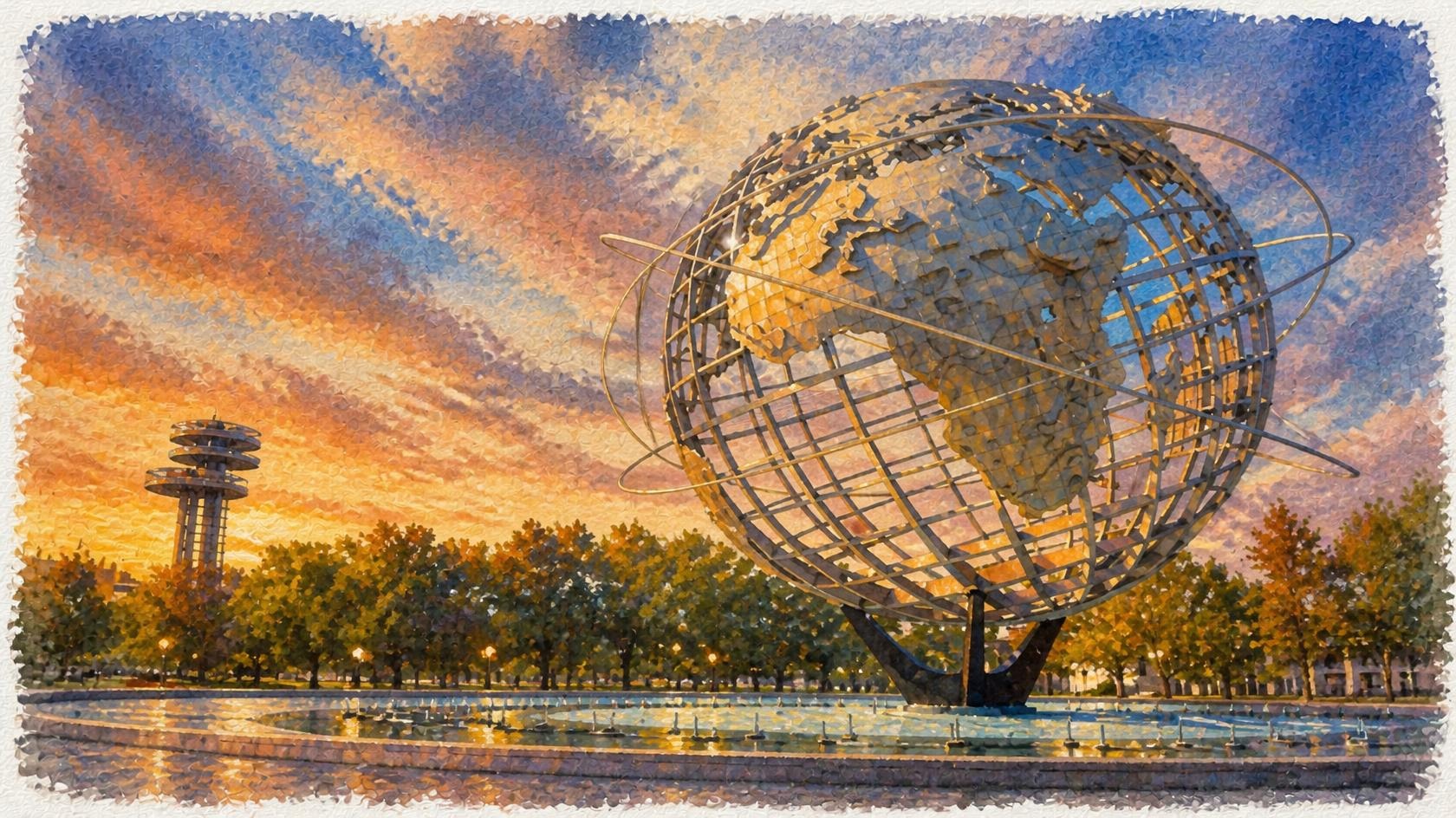 Watercolor of the Unisphere in Flushing Meadows at sunset, SI art by Higgie